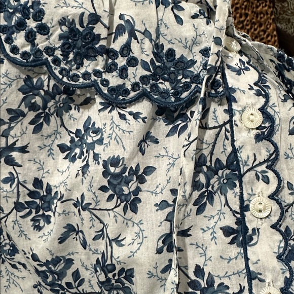 DOEN Songbird Toile Lazuli Top XS Blue White Floral Puff Sleeve Babydoll Eyelet - Picture 11 of 11